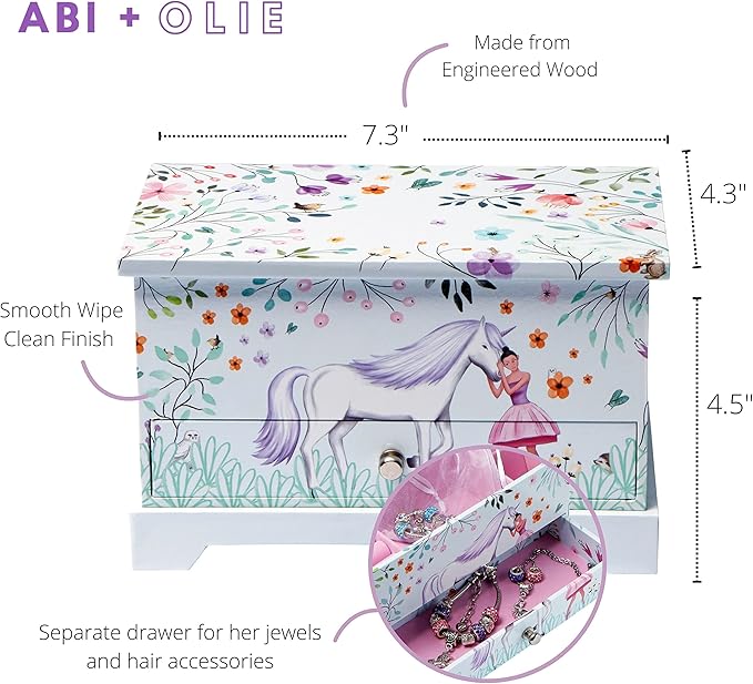 ABI + OLIE Ballerina Unicorn Kids Jewelry Box for Girls & Little Girls Jewelry Box Organizer - A unicorn music box gift