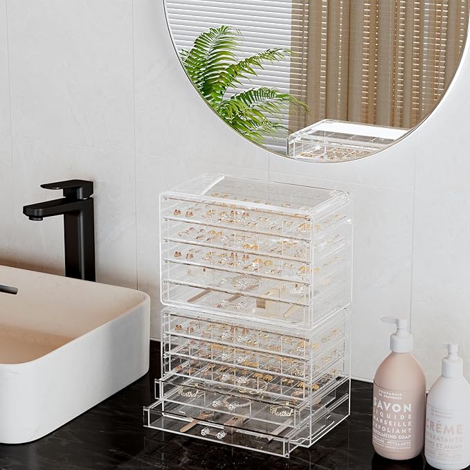 ProCase Acrylic Earrings Holder Organizer Box, Large Clear Earring Jewelry Storage Transparent Stackable Drawers Jewelry Display for Earring Ring Bracelet -Clear, 10 Layers