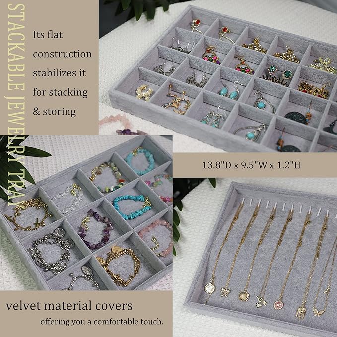 Stratalife Set of 3 Stackable Jewelry Organizer Tray Earring Display Trays Drawer Organizer Inserts Accessory Storage Grey