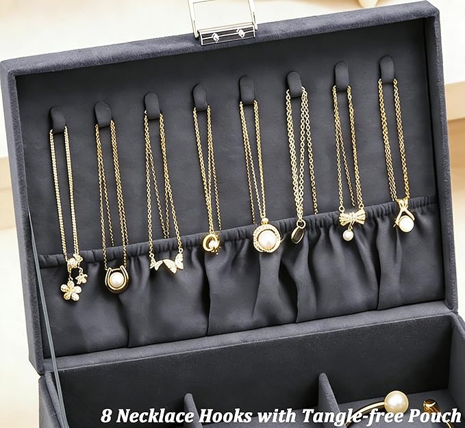 QBestry 3-Layer Jewelry Box for Women with Lock and Key & Drawer, Large Jewelry Organizer with 8 Necklace Hooks & 56 Earring Holes, Grey Velvet Jewelry Storage Box for Necklaces Earrings Ring Bracelet