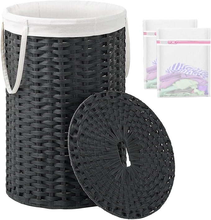 SETVSON Large Laundry Hamper Laundry Basket Round 34.3 Gal (130 L) Handwoven Wicker Laundry Baskets Rattan Laundry Basket with Laundry Bag Handles 2 Mesh Bags for Living Room Bedroom Black