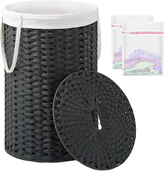 SETVSON Large Laundry Hamper Laundry Basket Round 34.3 Gal (130 L) Handwoven Wicker Laundry Baskets Rattan Laundry Basket with Laundry Bag Handles 2 Mesh Bags for Living Room Bedroom Black