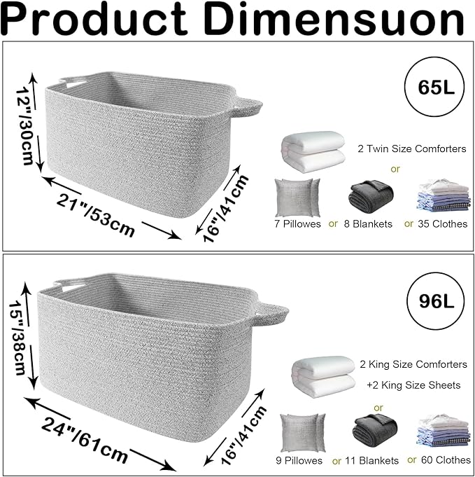 Large Blanket Basket,Woven Rope Basket Storage Bin with Handles,65L Rectangle Laundry Basket for Magazines,Toys,Clothes,Newspaper Shelf Organization,Nursery and Living Room,Grey