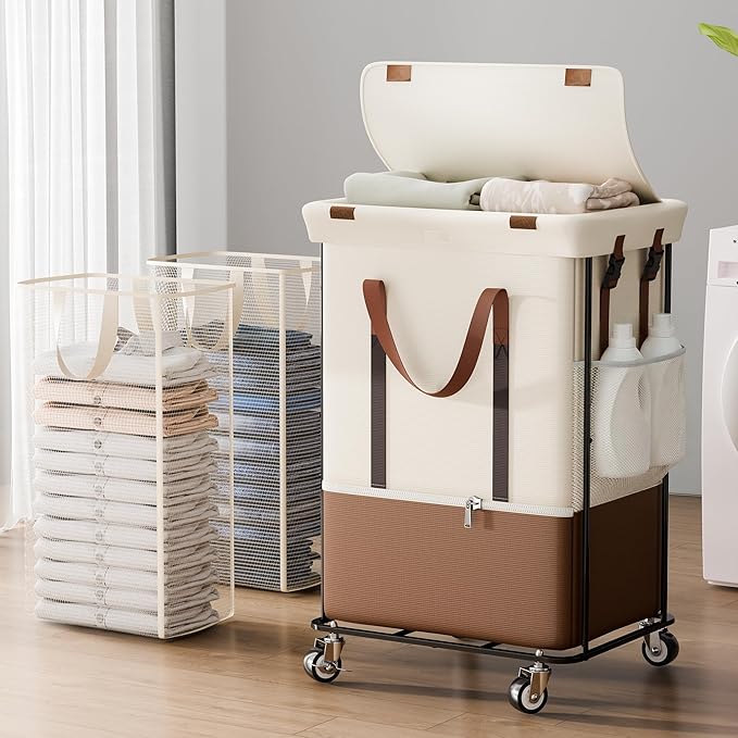 Double Laundry Hamper with Lid, Rolling Laundry Basket with Wheels and 2 Removable 75L Bags, 2 Section Large Capacity for Laundry Bedroom Bathroom Dorm, Easy Move & Organize,150L White