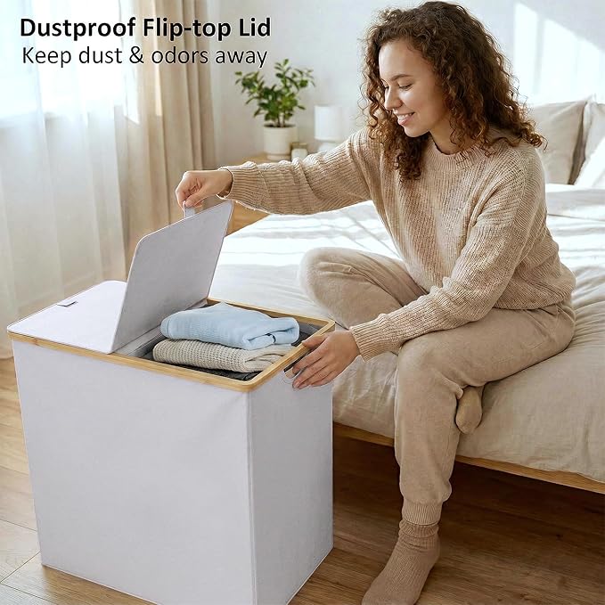 efluky Laundry Hamper with Lid, Double Laundry Hamper with 2 Removable Bags, 2 Section Laundry Basket with Bamboo Handles for Bathroom, Bedroom & Laundry Room, 140L (36.9 Gallon) Light Grey