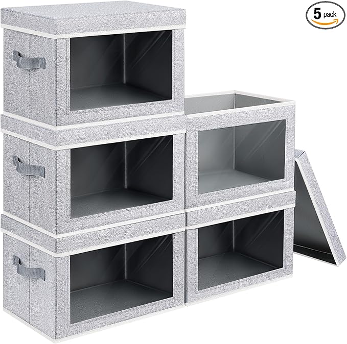 Homsorout Storage Box with Lids - 5 Pack Foldable Clear Window Storage Bins, Large Decorative Storage Bins with Handles, Storage Containers for Clothes, Towel, Blanket, Sheet, Light Grey