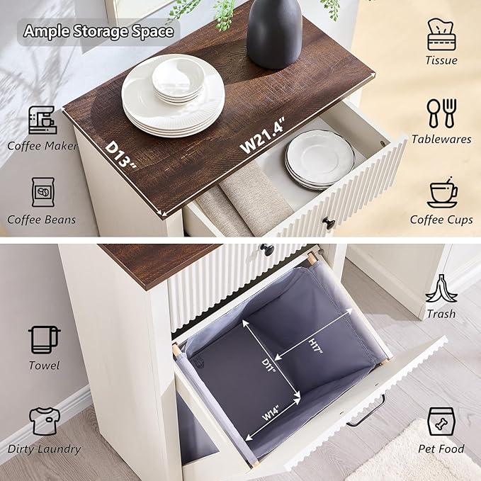 IFBUY Modern Tilt-Out Laundry Hamper Cabinet, 10 Gallon Fluted Trash Can Cabinet with Drawer, Wooden Hidden Garbage Can Cabinets with Laundry Basket, Free Standing for Bathroom and Kitchen, White