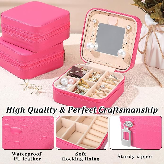 Hillban Bridesmaid Gifts Jewelry Box with Mirror, PU Leather Small Travel Jewelry Case Organizer Storage for Women Girls