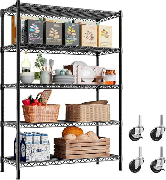 REIBII 73''H Storage Shelves 1660LBS Wire Shelving Unit with Wheels 5 Tier Metal Shelving,Heavy Duty Metal Shelves for Storage Rack,Commercial Industrial for Garage Kitchen 73''HX35''WX15''D,Black