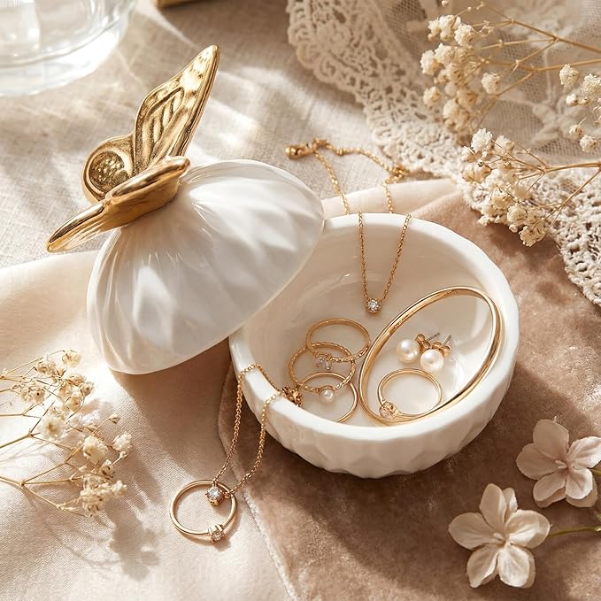 Kenning Ceramic Jewelry Box, Vintage Decorative Trinket Box with Lids Jewelry Gift Organizer for Earrings Rings(Butterfly)