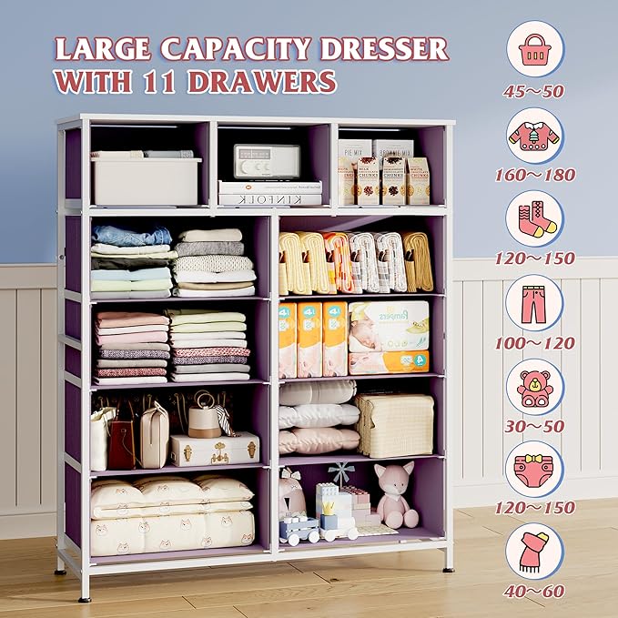 WLIVE Storage Organizer Unit with 11 Fabric Bins, Storage Drawers Organizer with Steel Frame, Tall Storage Tower Organizaton for Living Room, Hallway, Office, Tie-dye Print (Pink, Purple, Blue)