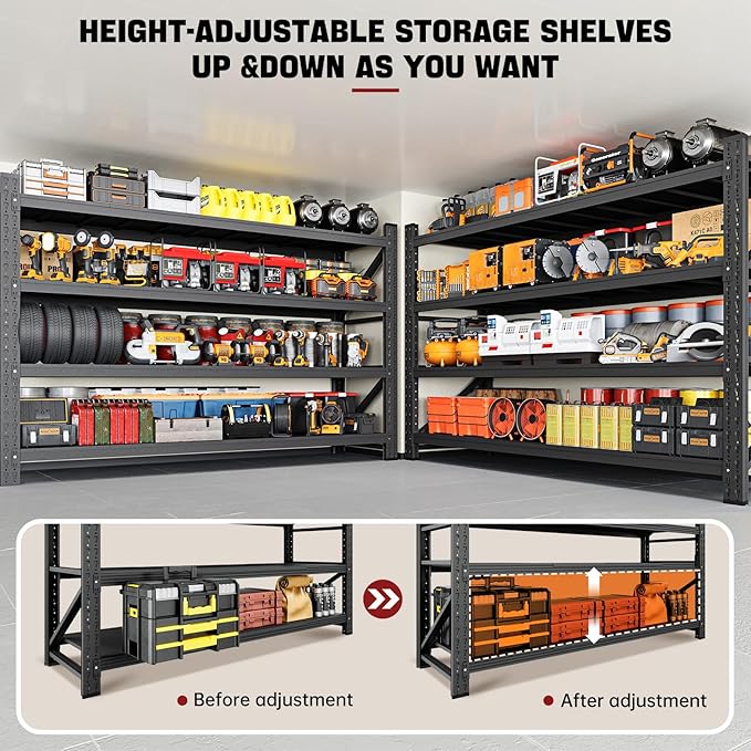 RAVIGIN 9000LBS Storage Shelves, 75" W Garage Shelving Heavy Duty Metal Adjustable Garage Shelves, Shelving Units Industrial Shelving for Warehouse, 75" W x 24" D x 70" H, Black