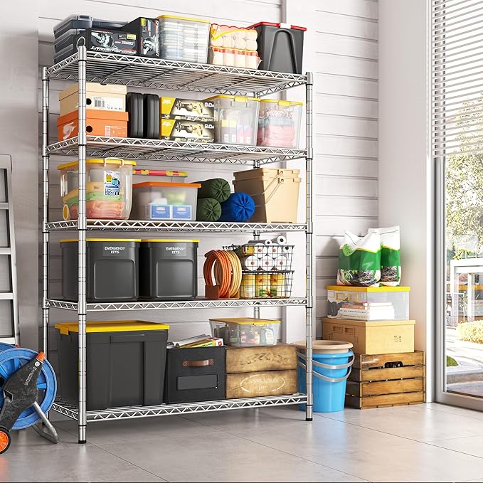 REIBII 73''H Storage Shelves 1660LBS Wire Shelving Unit with Wheels 5 Tier Metal Shelving,Heavy Duty Metal Shelves for Storage Rack,Commercial Industrial for Garage Kitchen 73''HX35''WX15''D,Chrome
