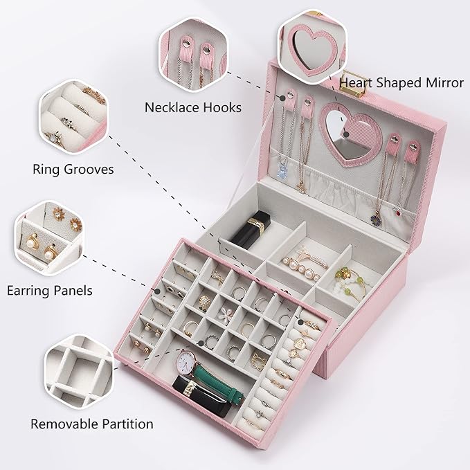 Dajasan Jewelry Boxes for Women Girls, Jewelry Organizer Box, 2-Layer Large Velvet Jewelry Organizer for Rings Necklaces Bracelets Watch Earring（Pink）