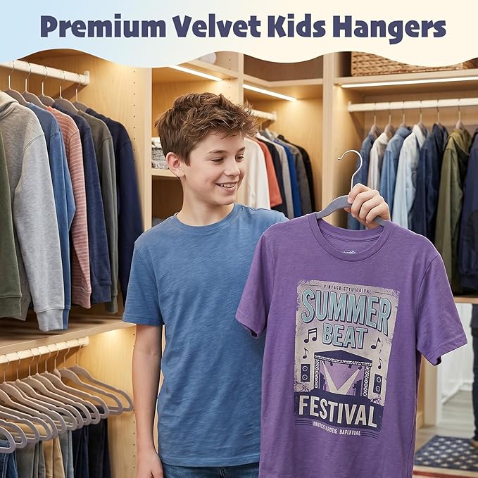 HOUSE DAY 14 Inch Kids Velvet Hangers 50 Pack, Durable Big Kid Hangers for Youth, Teen, Non Slip Kids Felt Hanger, Cute Childrens Hanger for Closet, Grey