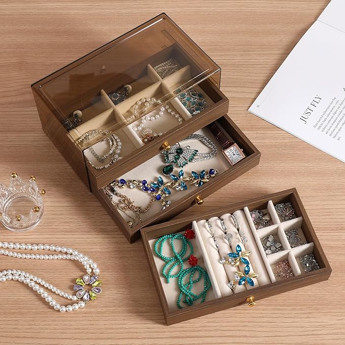 CLUQMEIK 3 Layer Acrylic Case Wooden Drawer Jewelry Organizer with Velvet Lining, Jewelry Box for Women and Girls to Store Rings Earrings Bracelets Necklaces（B）