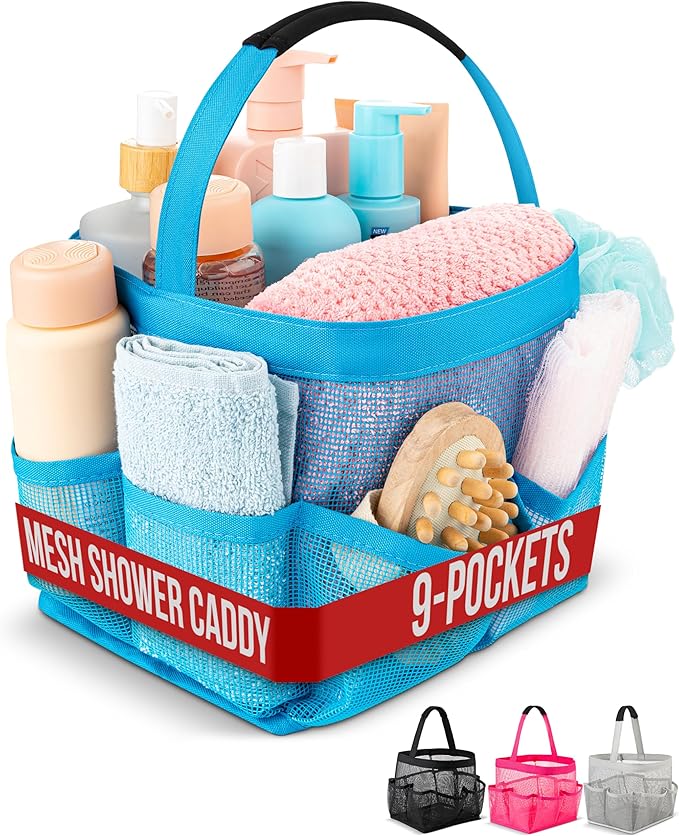 Masirs Mesh Shower Caddy – 9 Pocket Portable Shower Tote Bag for College Dorm Room Essentials, Quick-Dry Bathroom Organizer for Travel, Gym, Camping, Beach – Lightweight Collapsible Blue