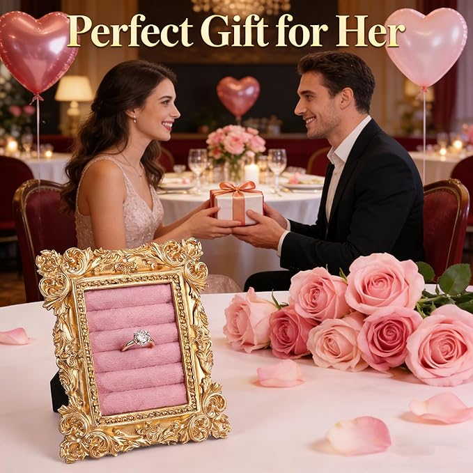 Vintage Ring Holder Rectangle Gold Velvet Display Stand - Baroque Jewelry Organizer Box Tray for Wedding Engagement Anniversary Women Birthday Christmas Gift Photograph Prop (MPF05-Gold Pink)