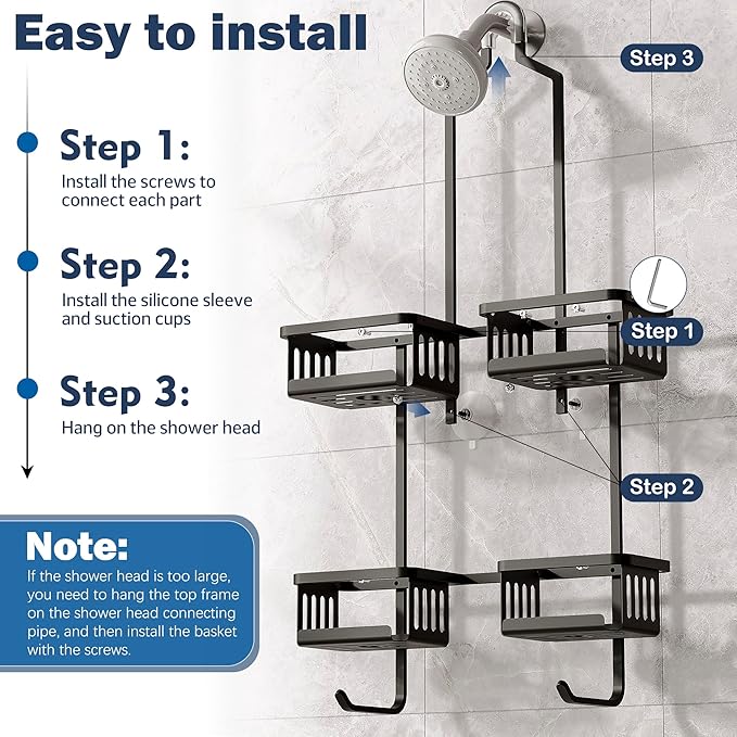 Aluminum Shower Caddy Hanging for Handheld Showerheads, Never Rust Shower Organizer with Hooks Holder Toothbrush Holder，Over Showerhead Caddy for Bathroom, Black