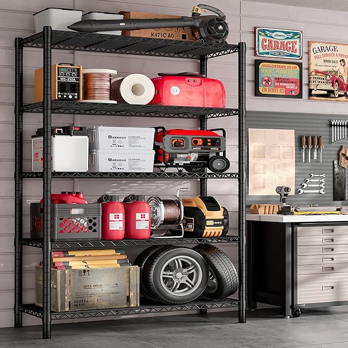 REIBII Storage Shelves Load 1980LBS,5 Tier Metal Shelving Unit with Wheels,Adjustable Wire Shelving Metal Storage Shelves Commercial Shelf for Garage Pantry Kitchen,76''HX36''WX16''D Black