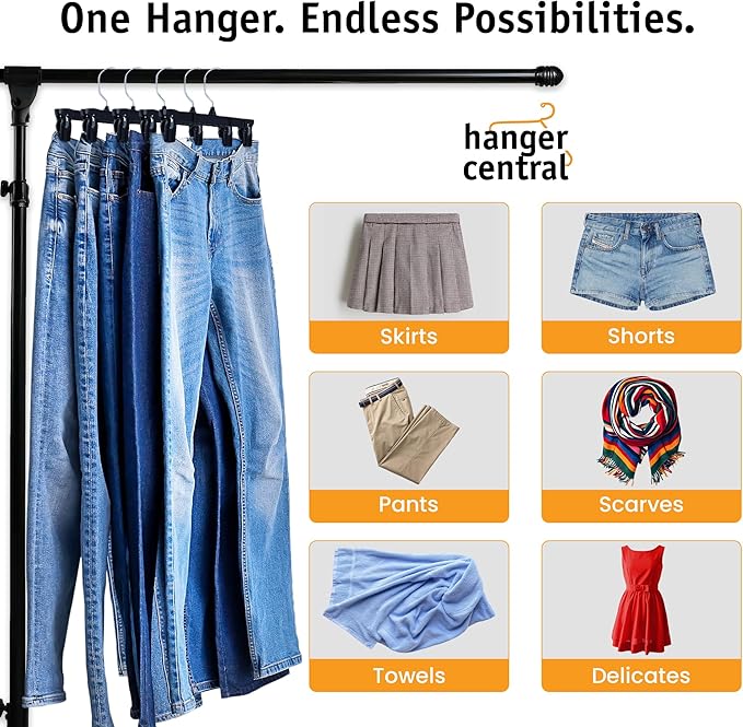 Hanger Central 30 Pack Pants Hangers Slim Plastic Clothes Hangers with Clips for Skirts, Shorts & Trousers – Non Slip Grip, Heavy Duty Space Saver with Swivel Hook – Black Closet Organizer - 12 Inch