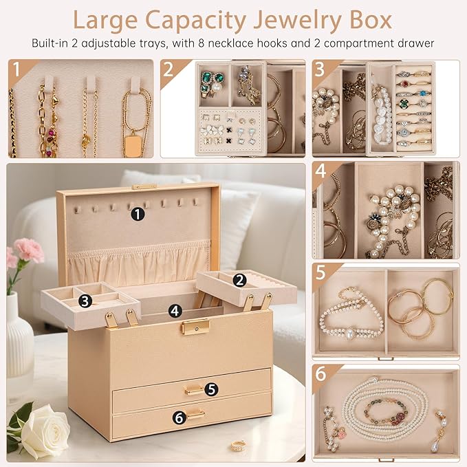 AKOZLIN Travel Jewelry Box Organizer Functional 2-trays Leather Jewelry Storage Case with Lockable Portable 2 Drawers for Women Girls Ring Necklace Earring Bracelet