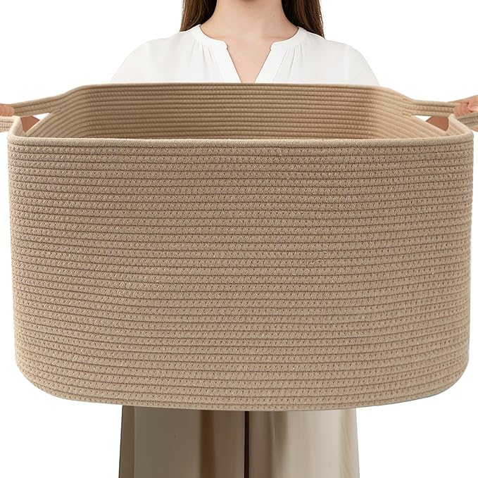 Large Blanket Basket,Woven Rope Basket Storage Bin with Handles,65L Rectangle Laundry Basket for Magazines,Toys,Clothes,Newspaper Shelf Organization,Nursery and Living Room,Jute