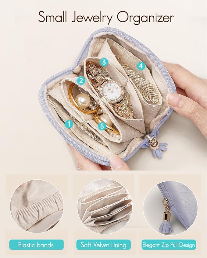 VLANDO Mini Jewelry Travel Case,Jewelry Pouch Bags with Zipper, Velvet Jewelry Organizer Storage Bag for Bracelet Rings Earring Travel Essentials Gifts for Women Girl - Purple