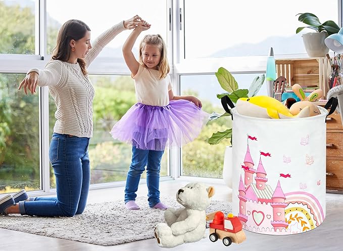 MAIZMZ Kids Hamper Pink Castle Storage Bins Organizer Toy Box Laundry Basket Large Canvas Collapsible Chest for Home/Dorm/Kitchen/Pet/Office/Closet/Shelf/Gift Baskets