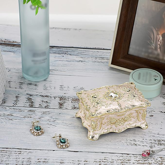 Hipiwe Vintage Jewelry Box, Small Enameled Trinket Box Organizer Rectangular Treasure Chest Box Jewelry Decorative box Keepsake Gift Box Case for Women,3.7x 2.7x 2 inch