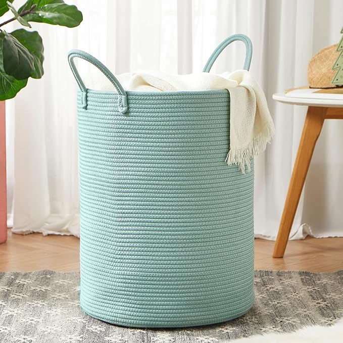 15Dx20H Inches Tall Green Cotton Rope Laundry Hamper Woven Basket for Clothes Blanket Storage in Bedroom Living Room for Baby Nursery Kids Toys Organize 62L Large Capacity