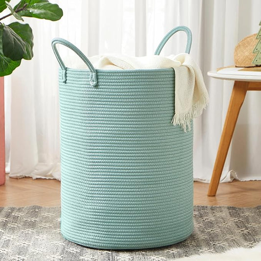 15Dx20H Inches Tall Green Cotton Rope Laundry Hamper Woven Basket for Clothes Blanket Storage in Bedroom Living Room for Baby Nursery Kids Toys Organize 62L Large Capacity