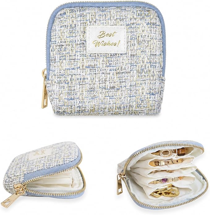 Stratalife Travel Jewelry Case Organizer for Women Portable Jewelry Box with Small Pouches for Gemstones Healing Crystal Bracelets, Necklace Bangles Storage, Pendants Ring Holder Zipper, Quilted Blue