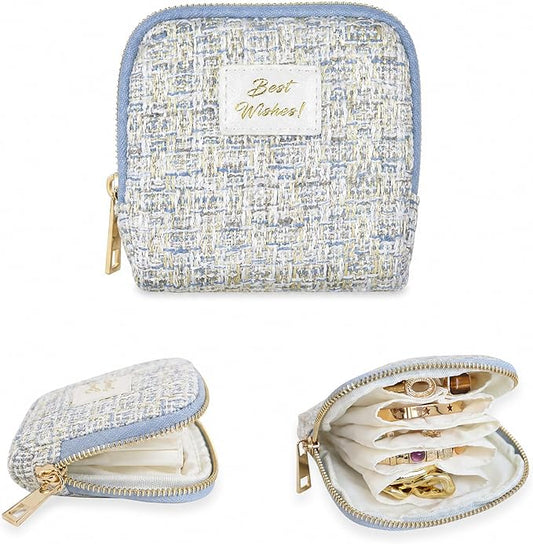 Stratalife Travel Jewelry Case Organizer for Women Portable Jewelry Box with Small Pouches for Gemstones Healing Crystal Bracelets, Necklace Bangles Storage, Pendants Ring Holder Zipper, Quilted Blue