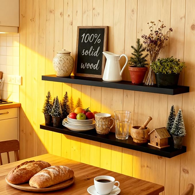 ROGMARS 36 Inches Long Black Floating Shelves,Rustic Solid Wood Farmhouse Wall Shelves with Invisible Brackets for Bathroom, Living Room, Bedroom, Kitchen Set of 2