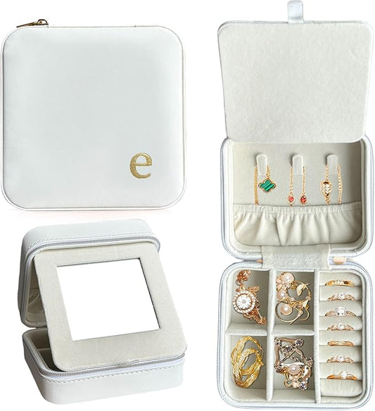 COLLECTIVE HOME - Travel Jewelry Case, Elegant Square Design with Gold Engraved Monogram, Built-in Mirror, Personalized Accessory Organizer for Rings, Necklaces, Gift for Women and Teens (e)