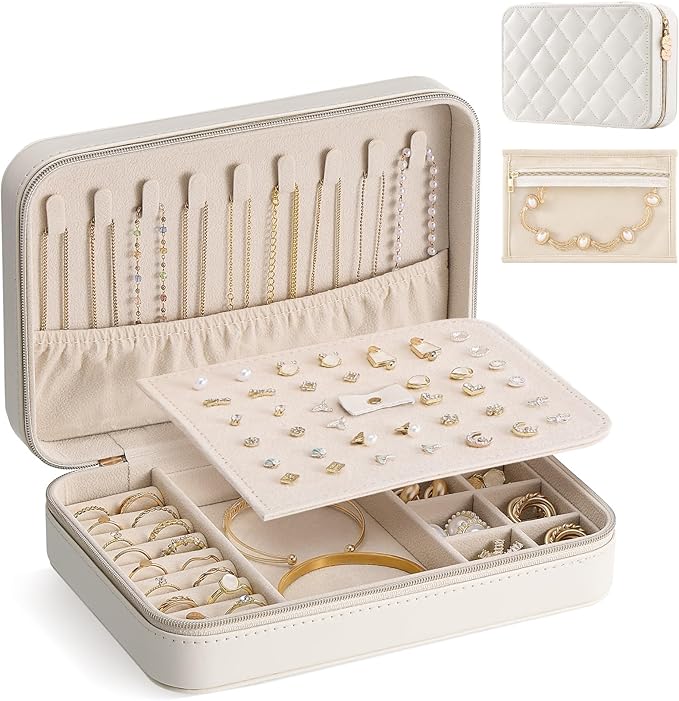 Lolalet Travel Jewelry Case for Women Girls, PU Leather Jewelry Organizer with Clear Storage Bag Small Portable Jewelry Box for Necklace Bracelet Earring Ring Mothers Day Birthday Gifts -Large/Beige
