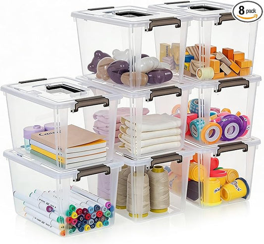 Citylife 8 Packs 6 QT Plastic Storage Bins with Latching Lids Clear Storage Box with handle Stackable Storage Containers for Organizing Snacks, Crafts, Toys, Tools