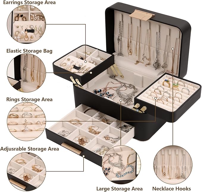 KAMIER Jewelry Box for Women, 3 Layers Jewelry Organizer with Drawers, Large Jewelry Storage Organizer for Earring, Ring, Necklace, Bracelets, Green