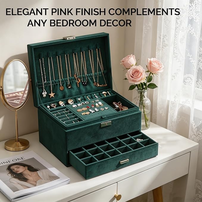 Jewelry Organizer Box for Women Girls, Jewelry Box 3-Tier Jewelry Display Case and Organizer,Lockable Jewelry Display Case Anti Tarnish,Varying Compartments for Necklaces, Bracelets, Rings