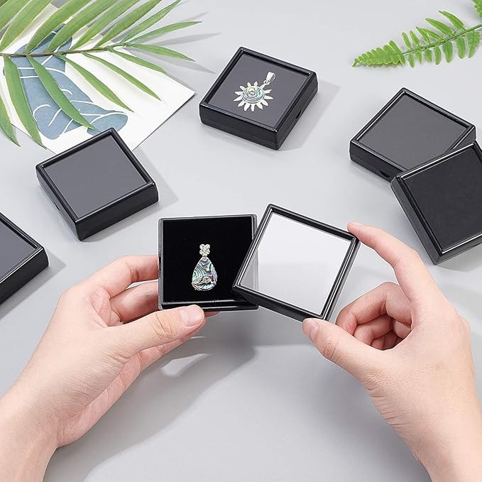 BENECREAT 10PCS Black Gemstone Display Box Square Acrylic Jewelry Box Container 2.4x2.4x0.8inch with Clear Top Lids and Sponge Inside for Mother's Day Festival Treat, Gems, Coins, Jewelry Packing