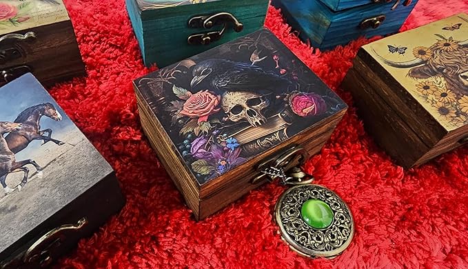 Trinket Box Small Jewelry Keepsake Box | Earrings Necklace Storage Box for Girls Women | Gift Idea, Birthday Christmas, Weddings, Animals Ornaments for Home Décor (Mystical Raven and Skull)