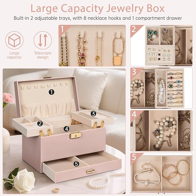 AKOZLIN Travel Jewelry Box Organizer Functional 2-trays Leather Jewelry Storage Case with Lockable Portable Drawer for Women Girls Ring Necklace Earring Bracelet