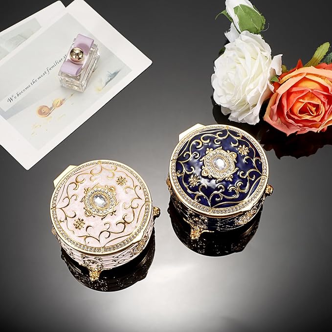 Hipiwe Vintage Jewelry Box Round Metal Treasure Chest Box Enameled Jewelry Trinket Box for Ring Earrings Necklace,Sparkling Keepsake Box Gift for Birthday Christmas,Blue