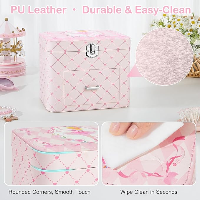Basumee Musical Jewelry Box for Girls PU Leather Music Box with Drawer Large Kids Jewelry Organizer with Unicorn/Ballerina Jewelry Storage for Little Girls Ages 3–10, Birthday & Holiday Present