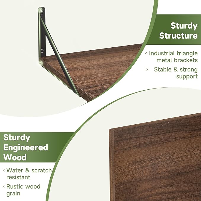 Heimlove 12 Inch Deep Floating Shelves for Wall, 16W x 12D Wide Floating Shelves Heavy Duty Wall Mounted Shelves, Wood Wall Shelves for Living Room Bedroom Bathroom Kitchen- Set of 4