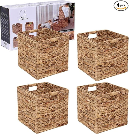 12x12in Storage Baskets Set of 4 Water Hyacinth Baskets,Foldable Handwoven Storage Cubes,Wicker Cube Baskets Laundry Organizer Totes for Home