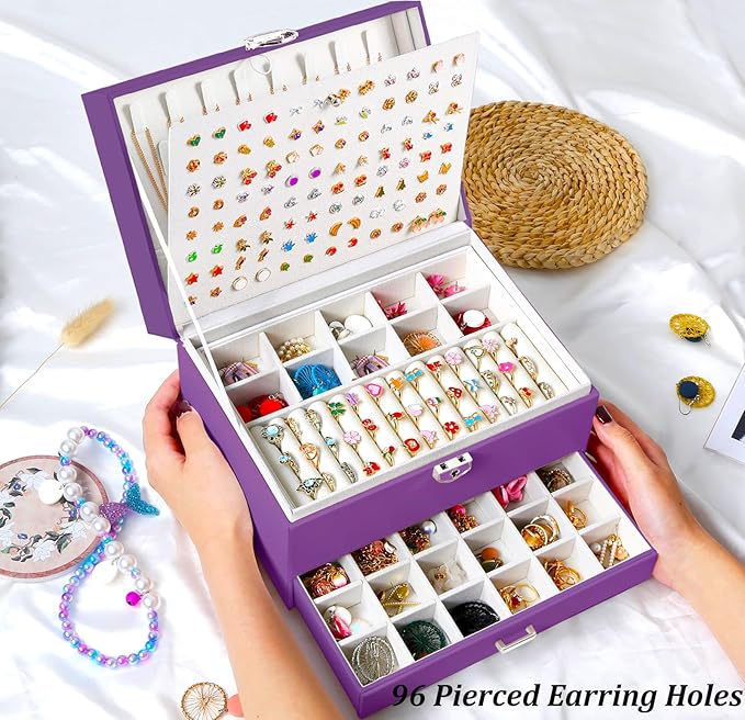 QBestry Earrings Jewelry Box for Girls, 5 Layers Jewelry Organizer with Earring Holder Organizer for Girls Earring Organizer Jewelry Boxes for Women Earrings and Necklaces Jewelry Box Organizer Purple