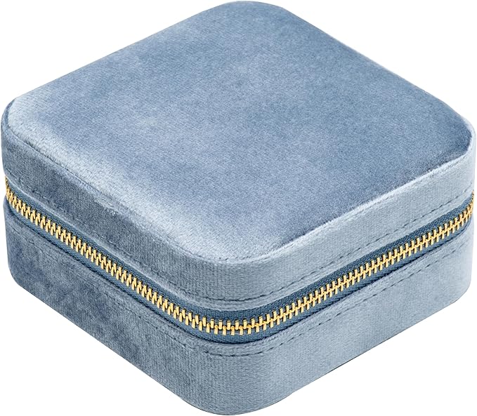 Velvet Multiple Square Ring Box Jewelry Organizer Display Tray with Zipper Around, Earring Holder Case for Wedding Birthday Christmas Valentine Day (Light Ocean Blue)