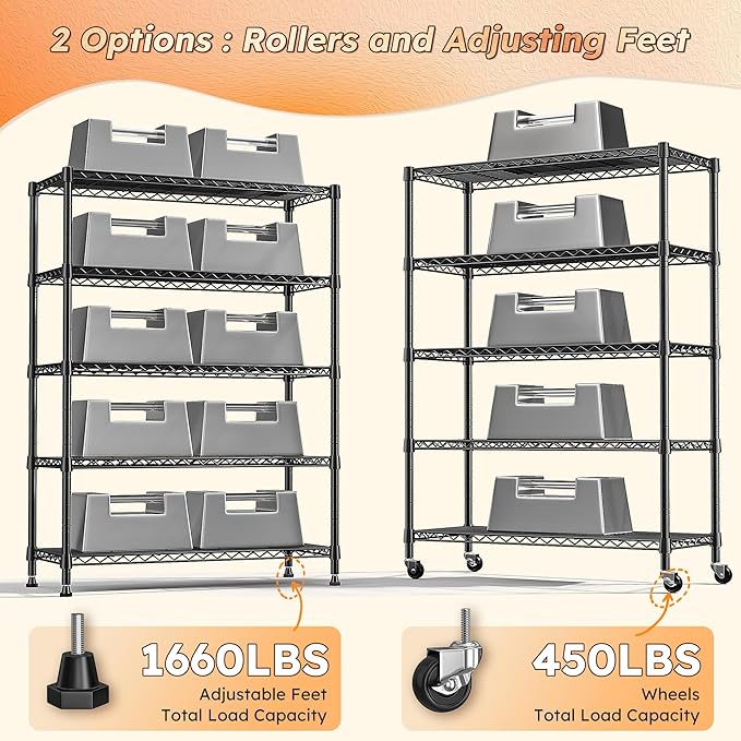 REIBII 73''H Storage Shelves 1660LBS Wire Shelving Unit with Wheels 5 Tier Metal Shelving,Heavy Duty Metal Shelves for Storage Rack,Commercial Industrial for Garage Kitchen 73''HX35''WX15''D,Black